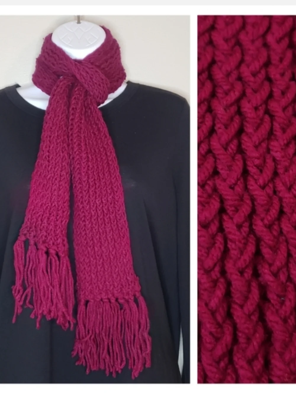 Handmade Burgundy Chunky Knit Scarf with Fringe Tassels - Boho Winter Wrap